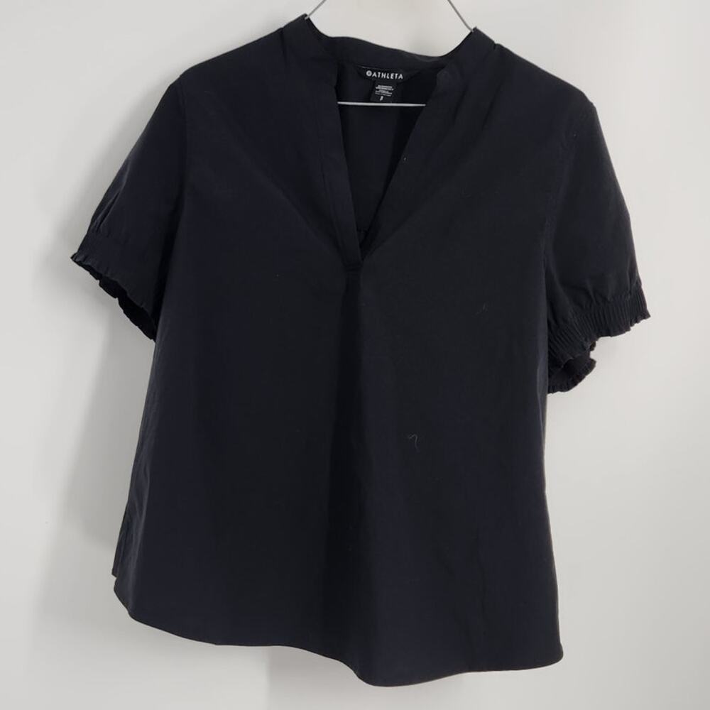 Athleta Womens Small Black Short Sleeve Split V-Neck Pleated Back Blouse Top